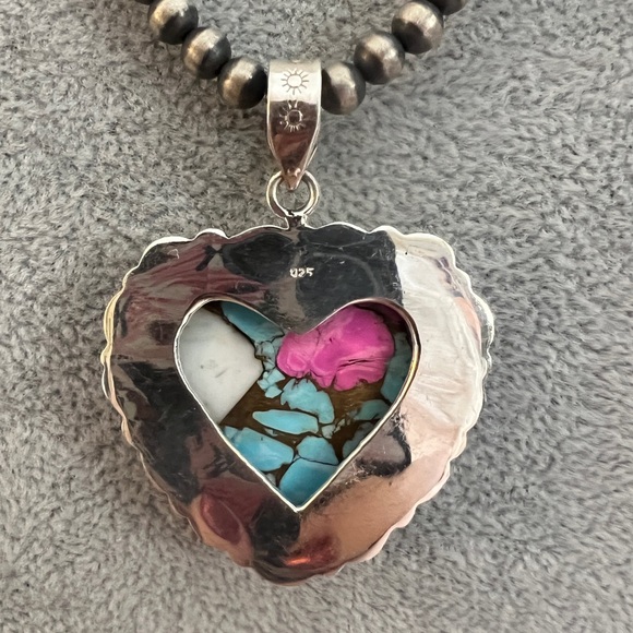 ❤️ Cotton Candy Turquoise Heart Statement Navajo Sterling Pendant 14 Gm / 2.03”L - Picture 8 of 12